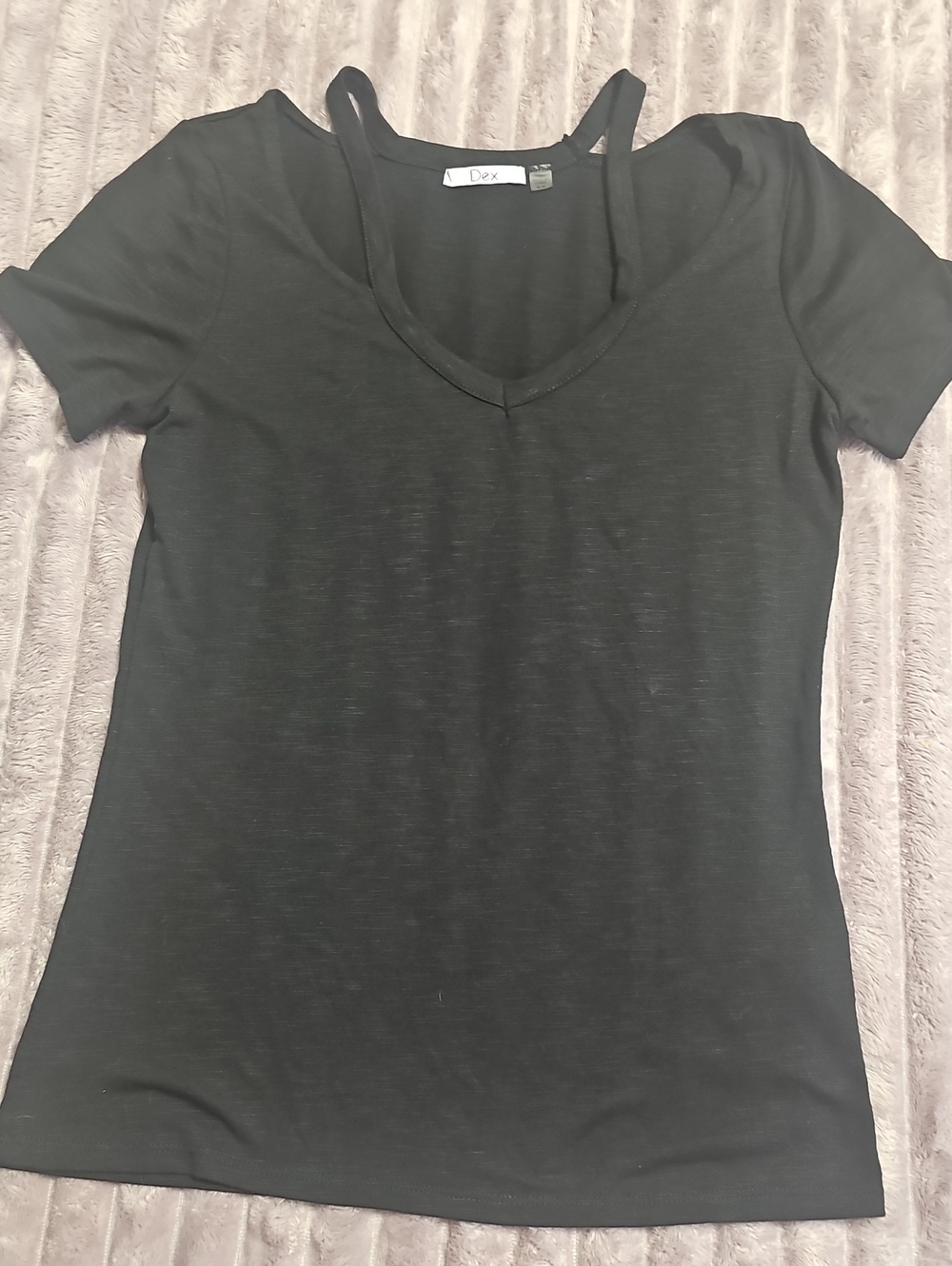Dex Black V-Neck Short Sleeve Tee with Strap Detail